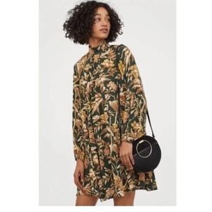 Womens H&M size 10 Khaki Green Floral Long Sleeve High Neck Flowy Shift Dress